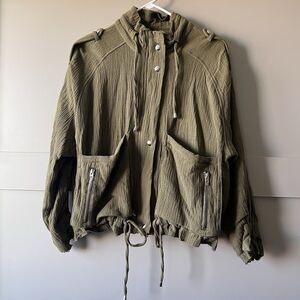 BLANKNYC Jacket Women Small Green Olive Distressed Gauze Full Zip Bomber Utility